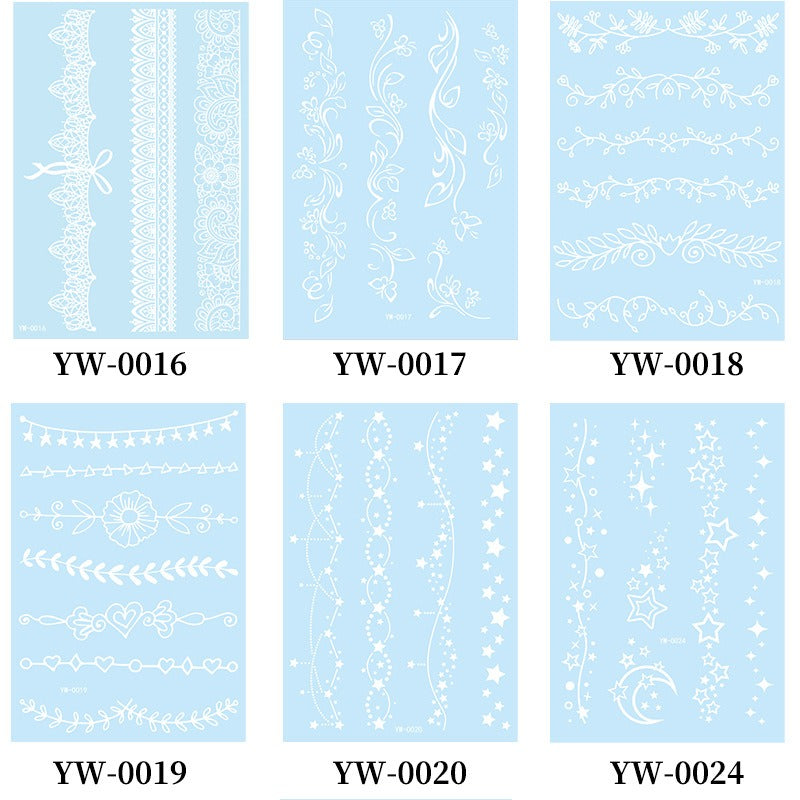 Set of six white decorative patterns on a blue background with labels YW-0016 to YW-0024.